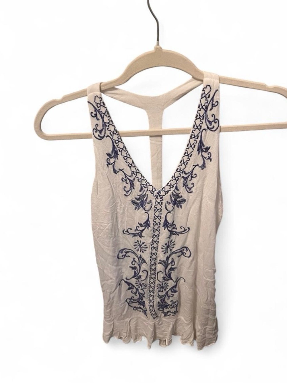 Sequin Hearts Beige Tank with Navy Embroidered Detail